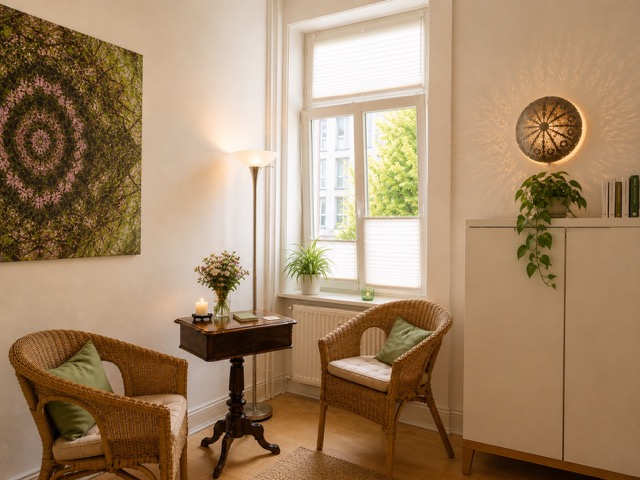 Gemütliche Sitzecke mit zwei Korbsesseln am Fenster in der Praxis in Hamburg-Eppendorf